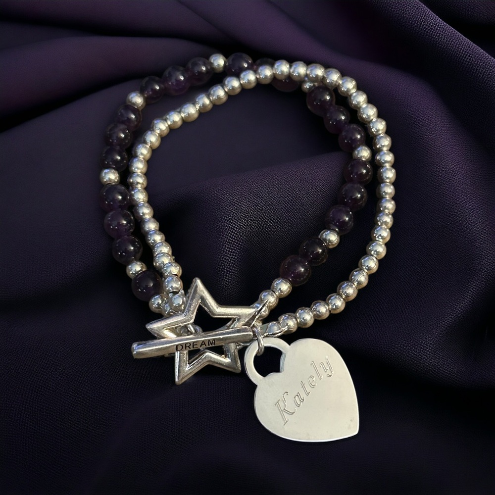 Double strand purple and silver bead Kately name bracelet
